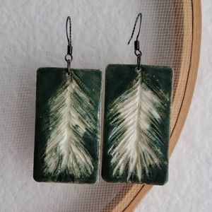 Ceramic Pressed Spruce Tree Earrings Silver Plated Statement Earring